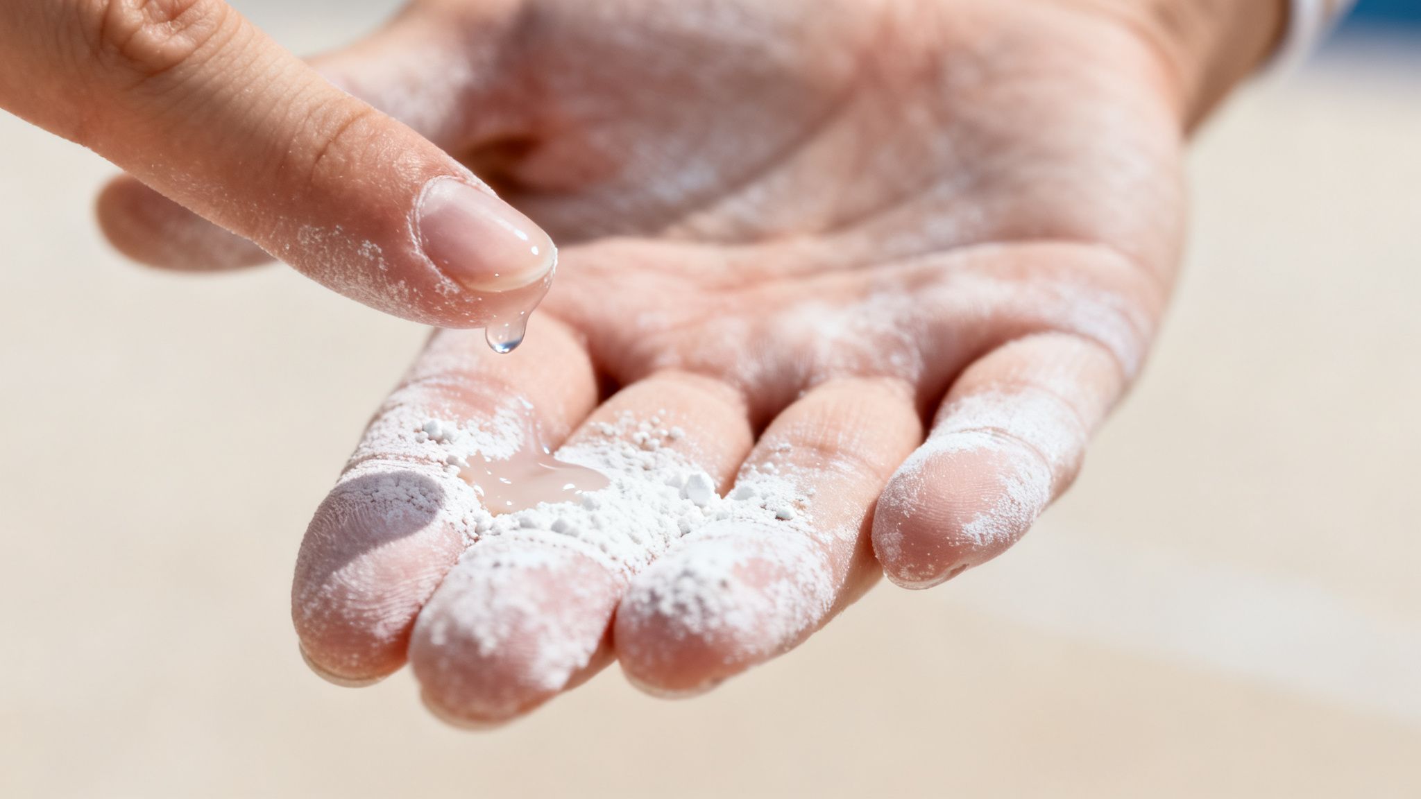 Liquid chalk being prepared, a clear liquid dripping onto a chalk-covered hand.