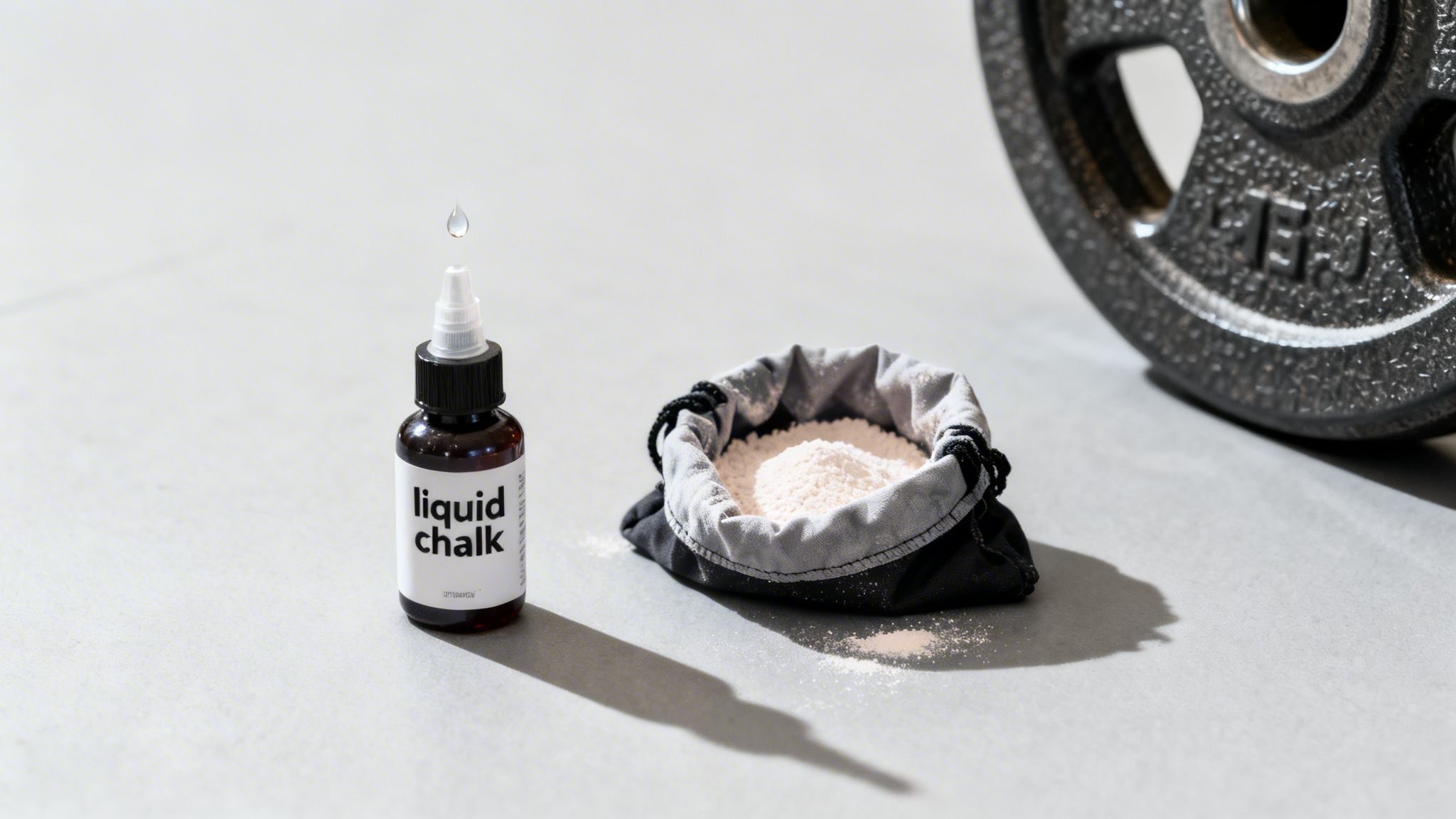 A bottle of liquid chalk with a falling drop, a bag of chalk powder, and a weight plate.