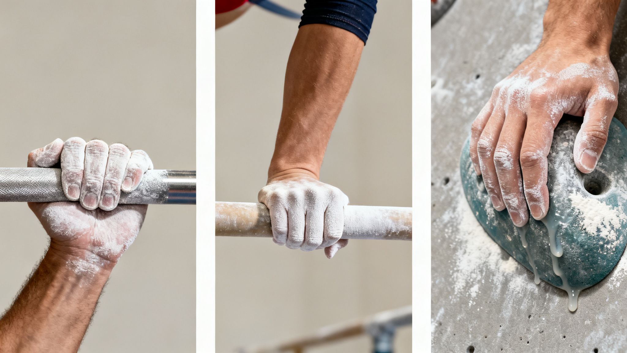 Three close-up images of chalk-covered hands gripping a barbell, parallel bar, and a climbing hold with liquid chalk.