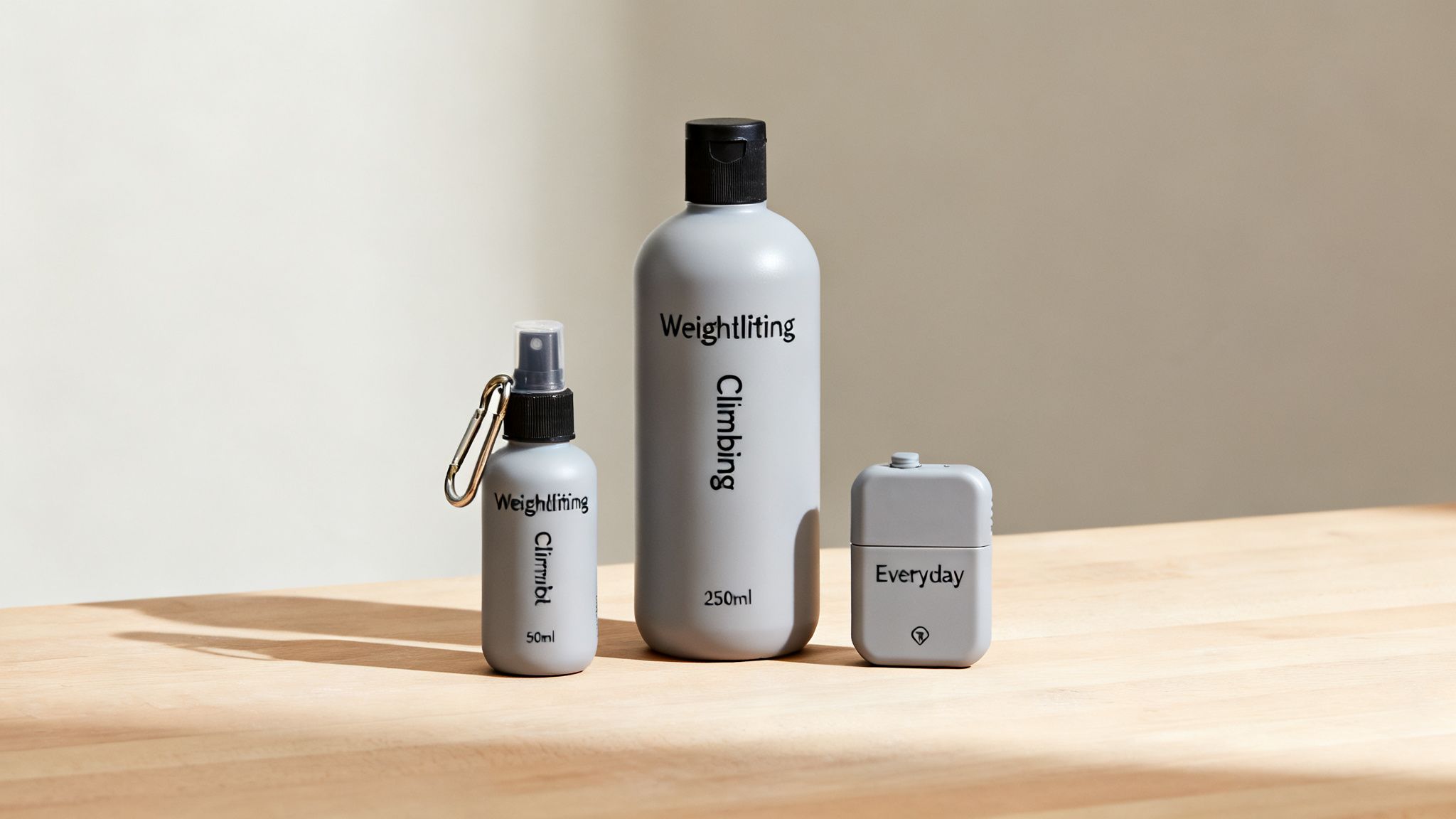 Three grey bottles, including spray and large sizes, of liquid chalk for weightlifting and climbing.