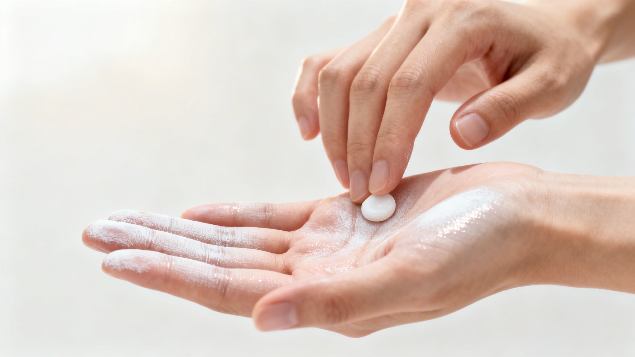 Close-up of hands applying white powder, possibly chalk, with a small white pill.