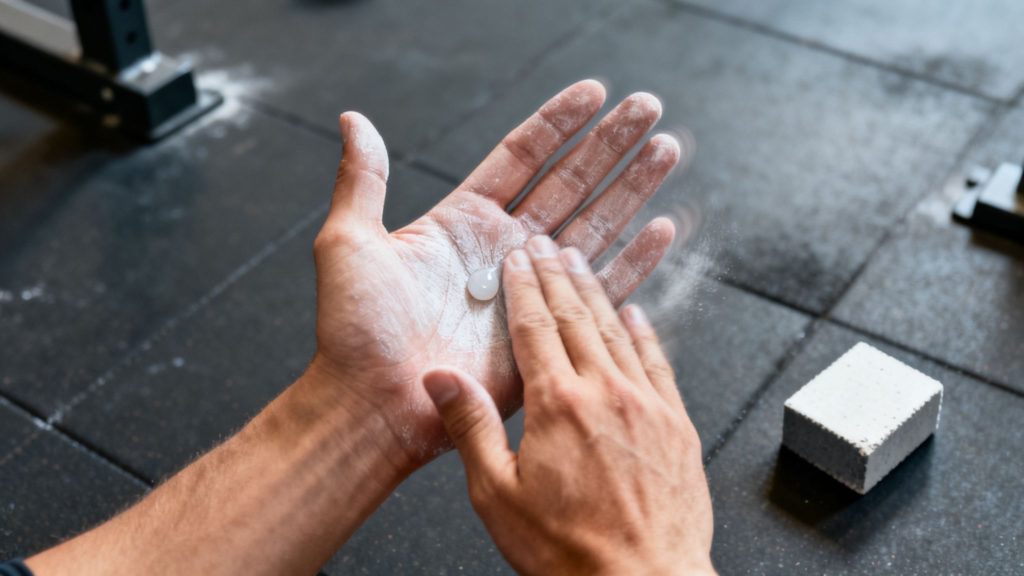 Close-up of a person applying liquid chalk to their hands on a gym floor.