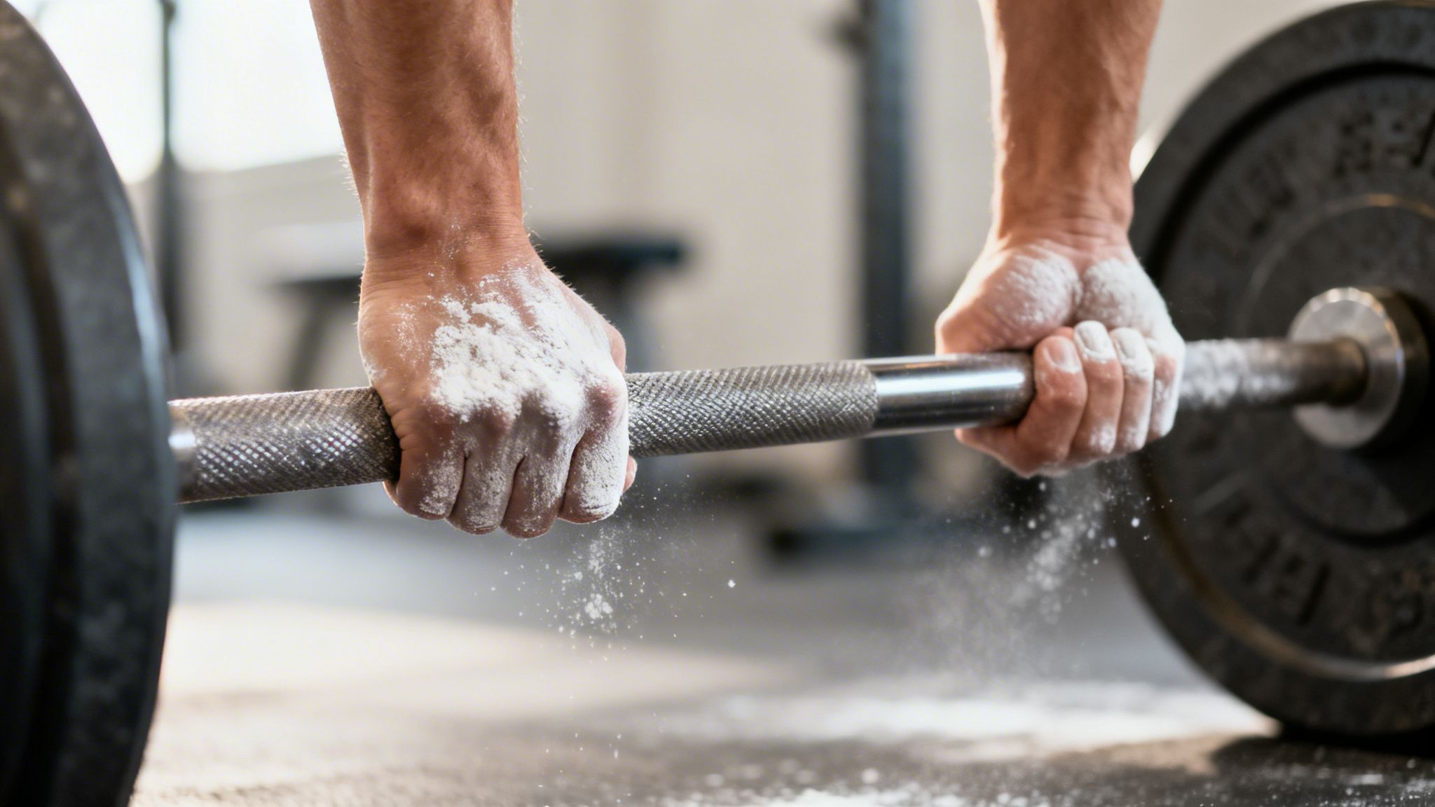 Strong hands covered in chalk gripping a heavy barbell in a gym, dust flying.