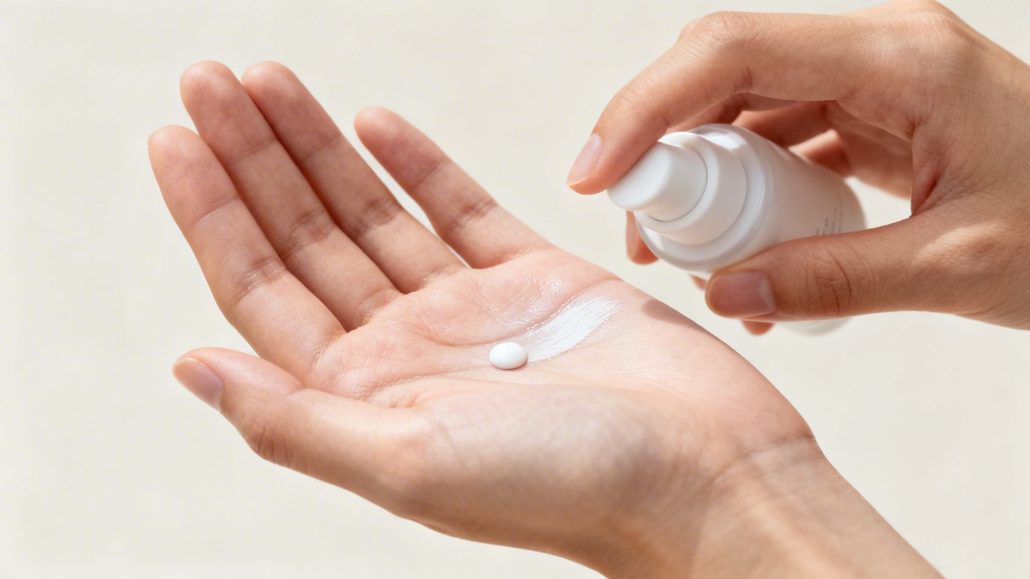 Hands dispensing white cream from a skincare pump bottle onto a palm with a small white pearl.