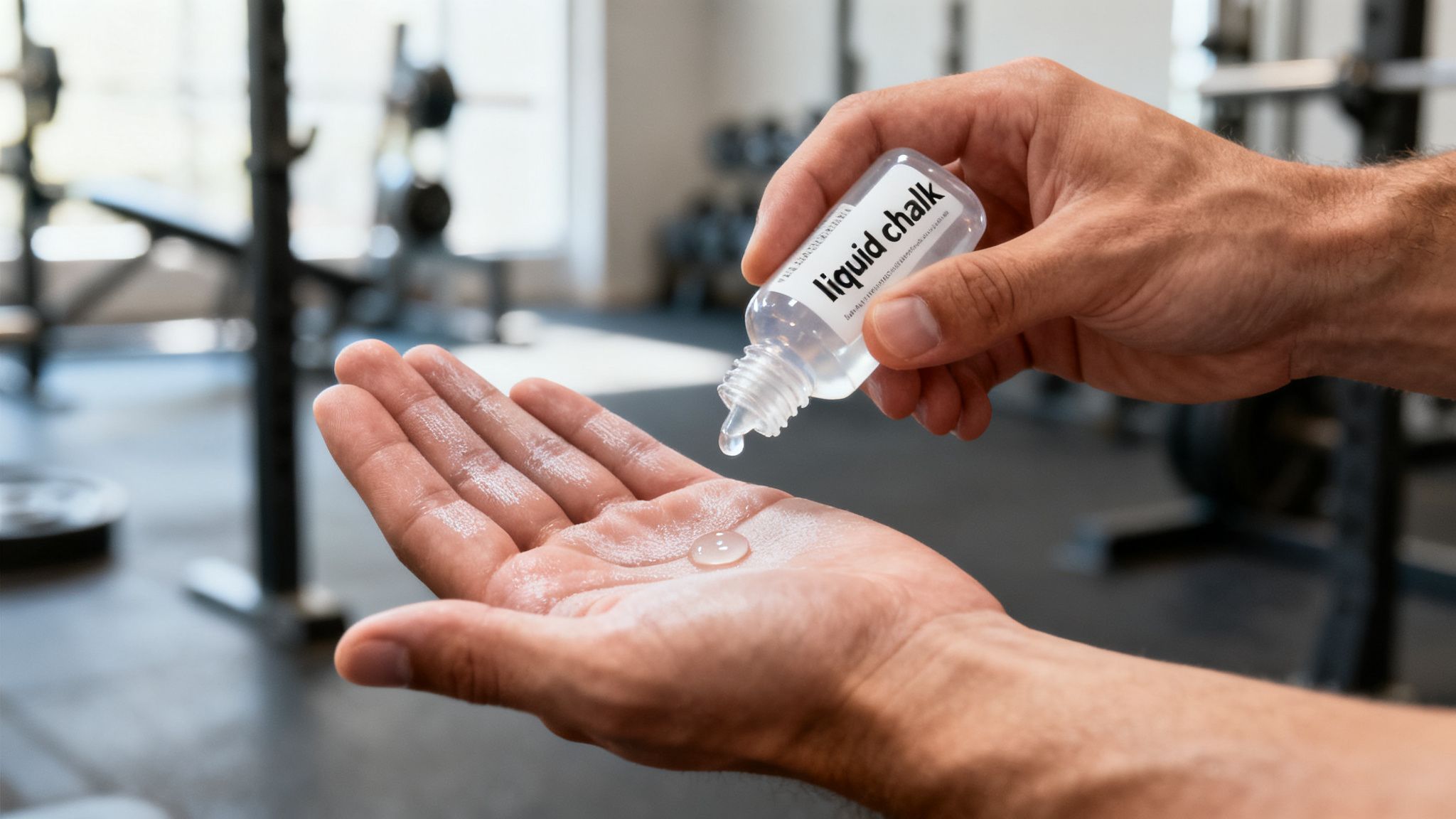 A person pouring liquid chalk from a small transparent bottle into their hand in a gym.
