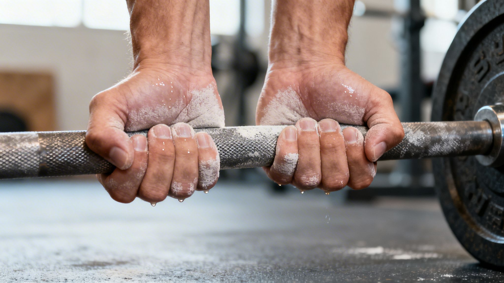Close-up of athlete's chalked and sweaty hands gripping a textured barbell in a gym.
