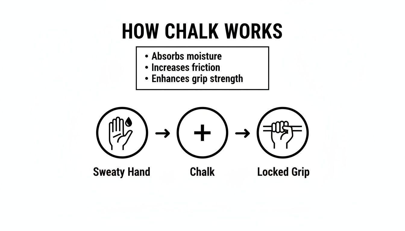 Infographic explaining how chalk works: absorbs moisture, increases friction, and enhances grip strength for a locked grip.