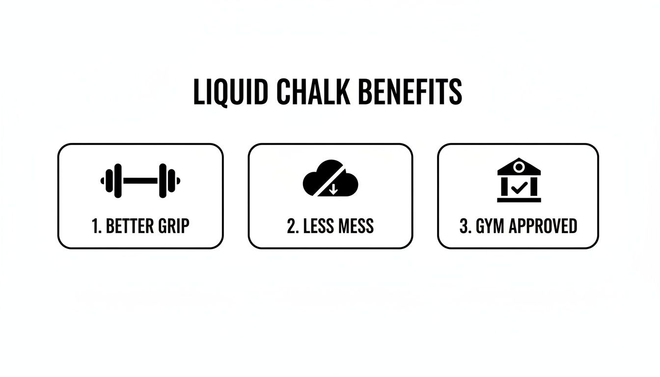 Illustration displaying liquid chalk benefits: better grip, less mess, and gym approved with icons.