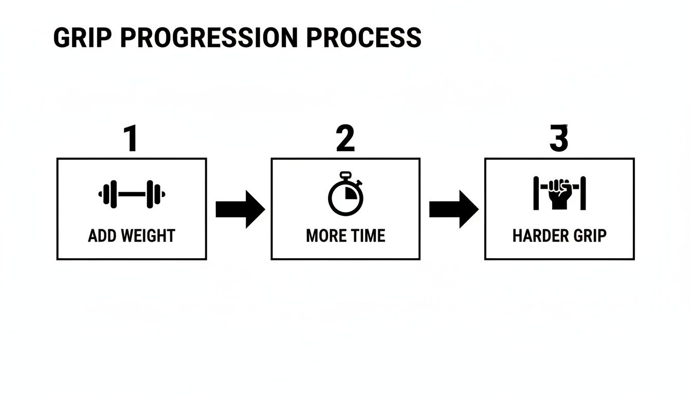 Diagram illustrating the grip strength progression process with three steps: add weight, more time, and harder grip.
