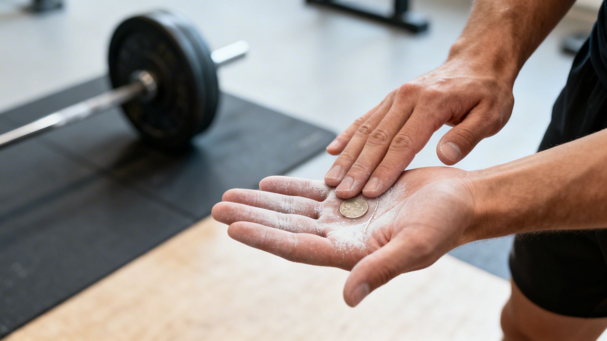 Athlete applying white chalk powder to hands with a coin before a barbell lift.