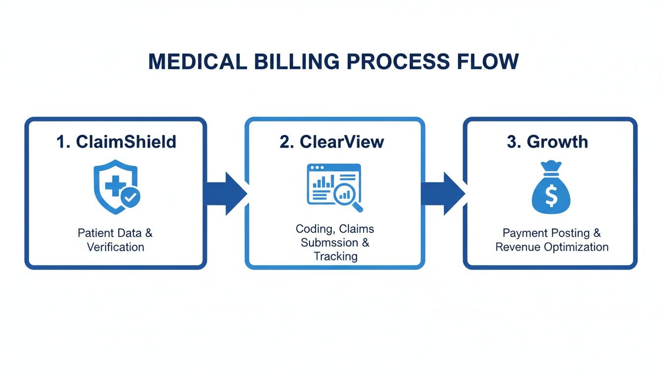 A three-step medical billing process flow chart from patient data verification to revenue optimization.