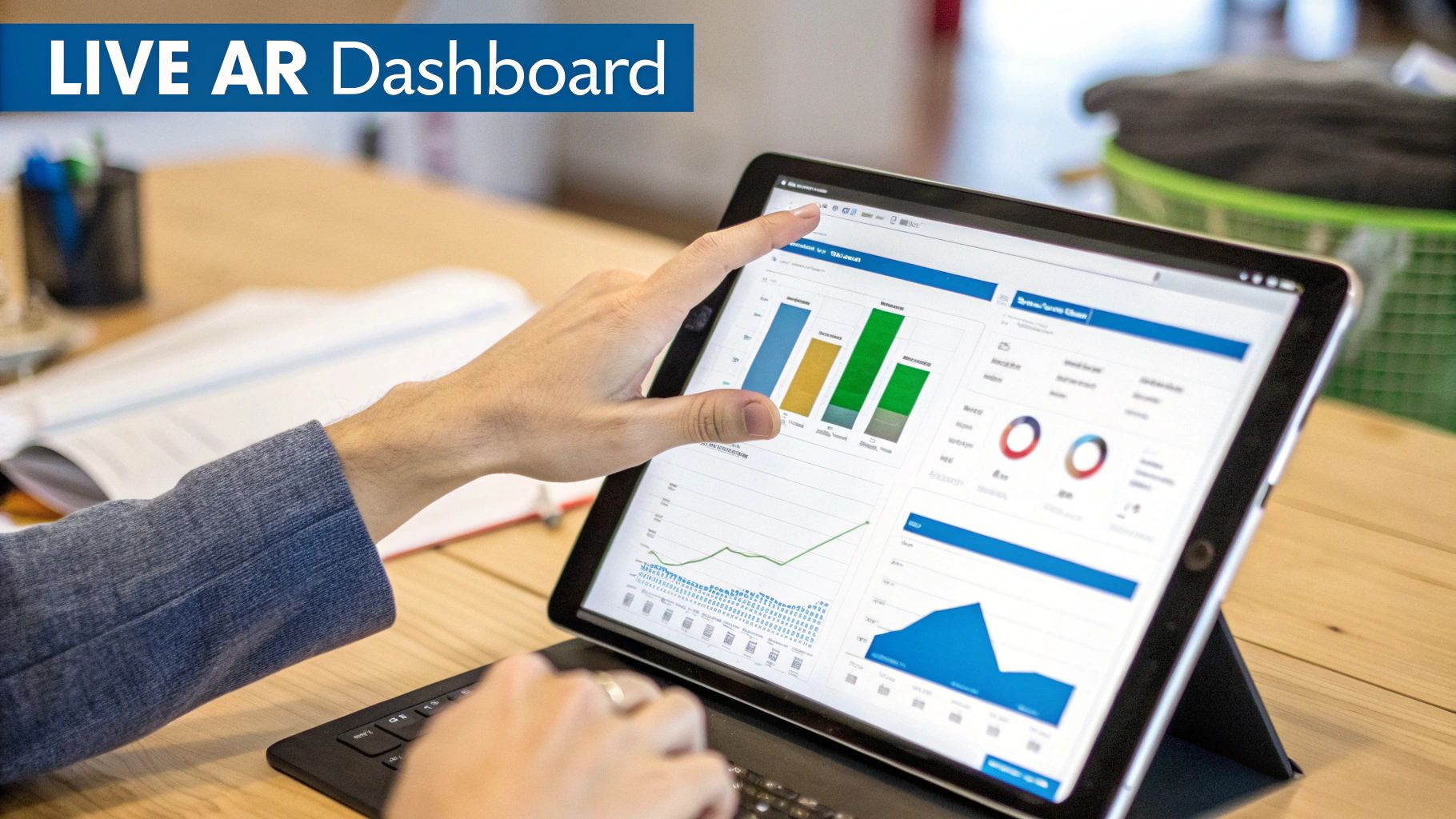 A person interacts with a LIVE AR Dashboard on a tablet, showing various data charts.