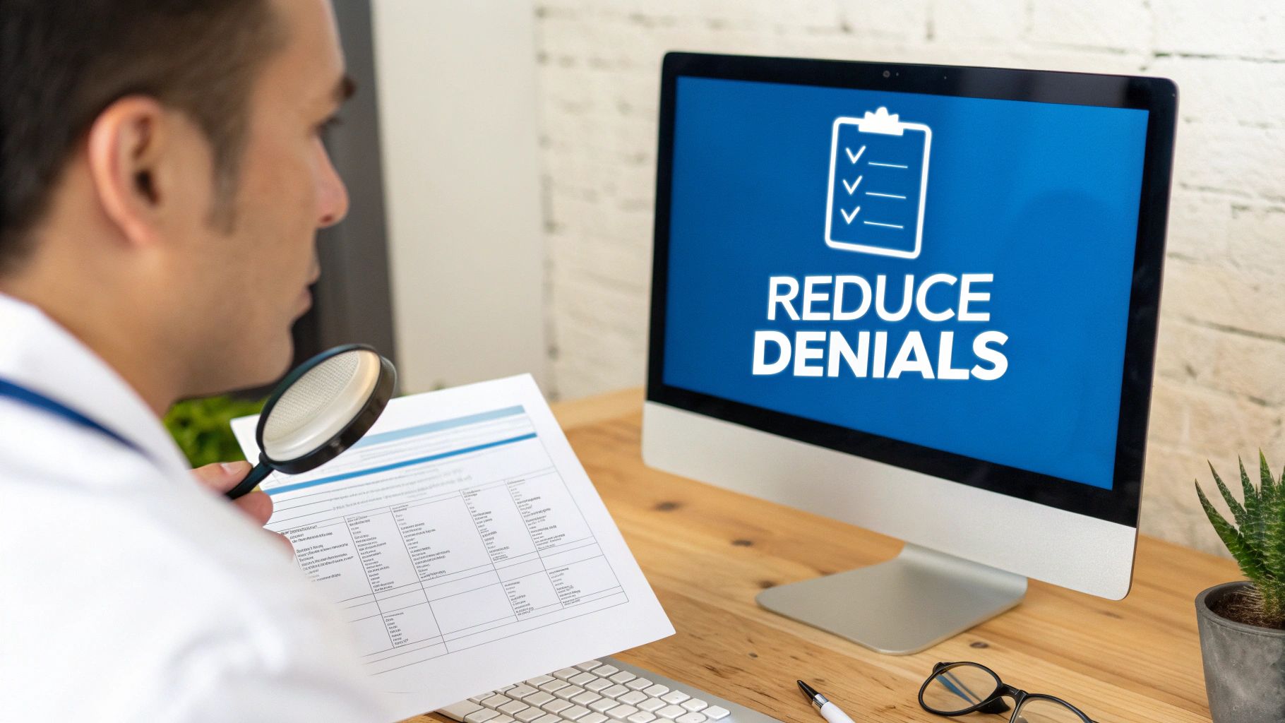 A professional uses a magnifying glass to meticulously review documents, with a computer screen showing 'REDUCE DENIALS'.