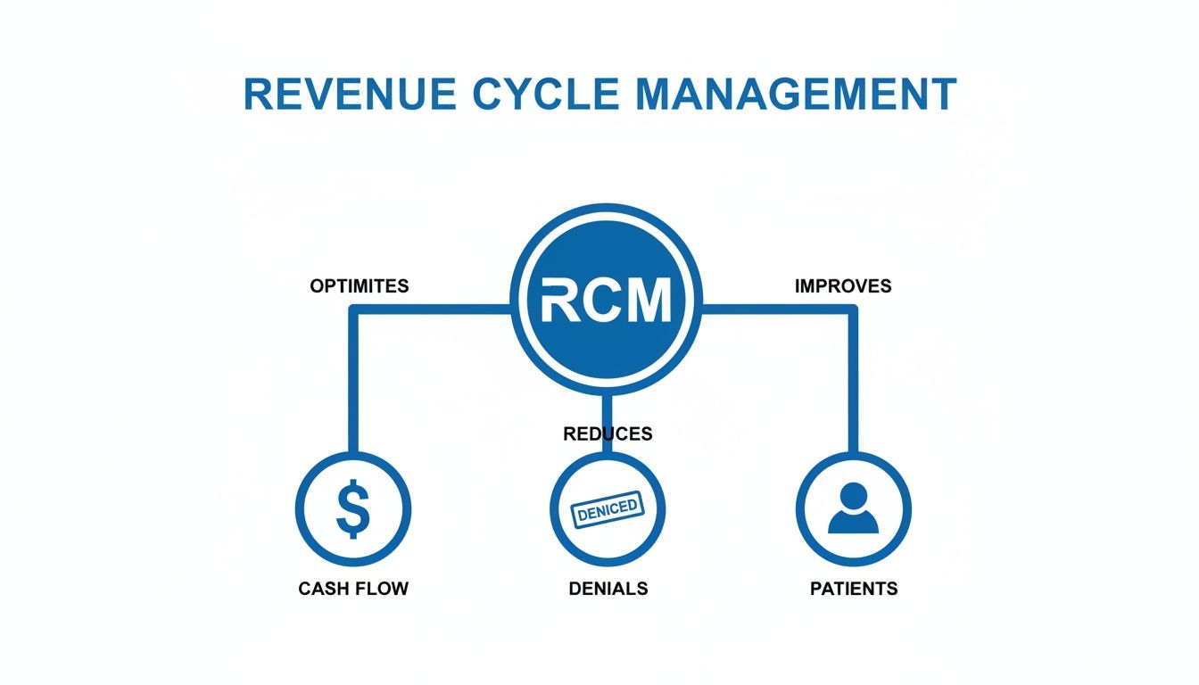 Diagram showing how Revenue Cycle Management (RCM) optimizes cash flow, reduces denials, and improves patient experience.