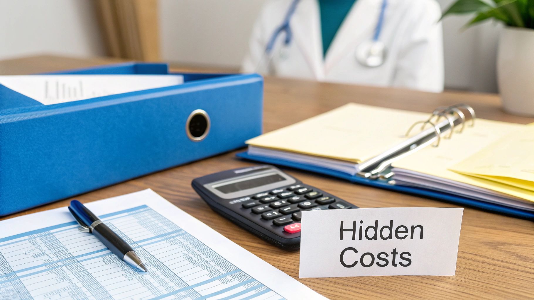 A calculator, documents, a pen, and a 'Hidden Costs' sign on a desk, with a medical professional blurred in the background.