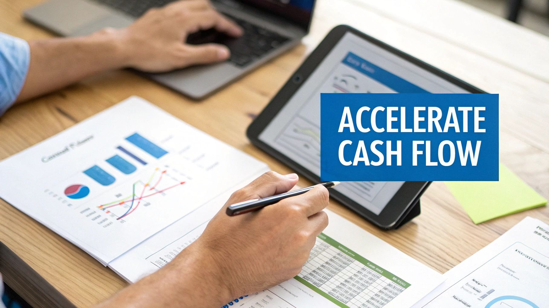 Hands analyzing financial documents with charts, a laptop, and a tablet, highlighting 'Accelerate Cash Flow'.