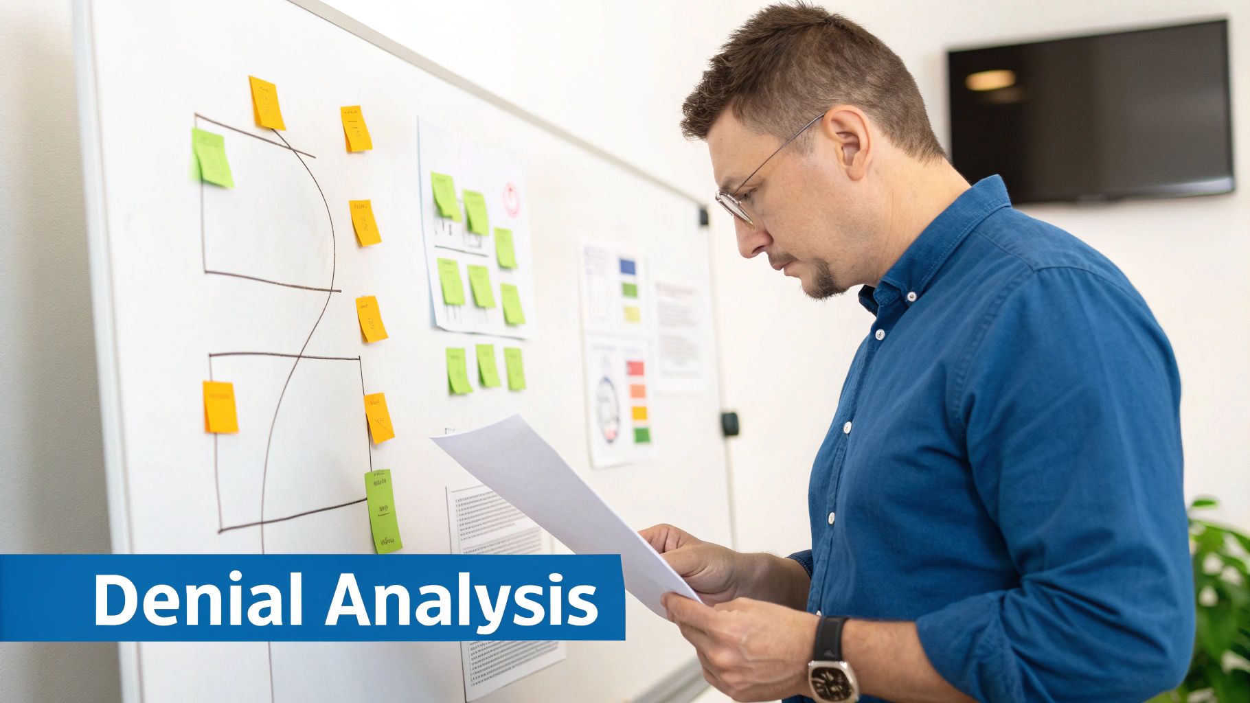 A man in a blue shirt analyzes a document in front of a whiteboard with diagrams and sticky notes.
