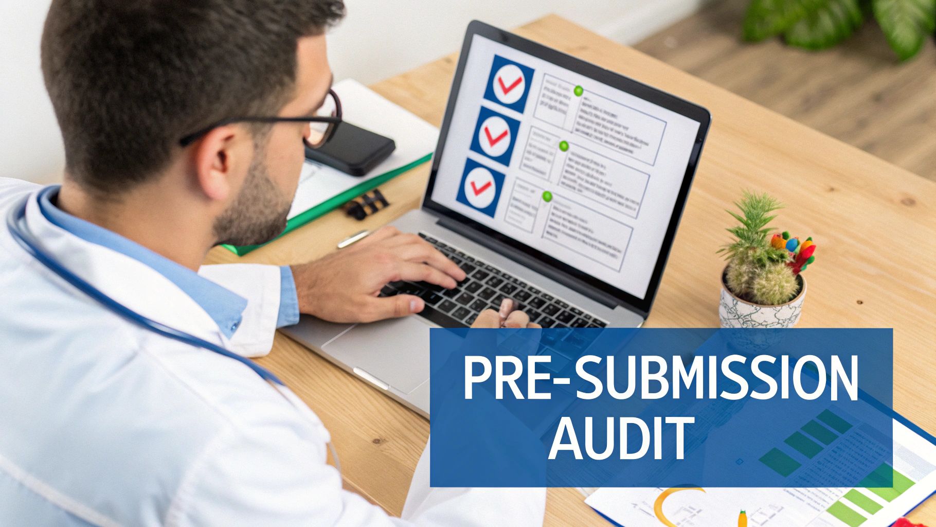 A medical professional in a white coat and glasses is typing on a laptop with a checklist on the screen, indicating a pre-submission audit.