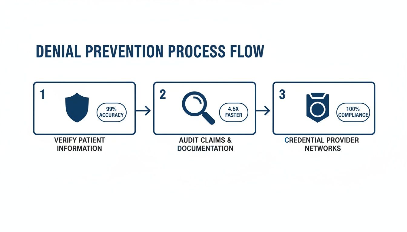 A flowchart detailing a three-step denial prevention process, including verification, auditing, and credentialing, with performance metrics.