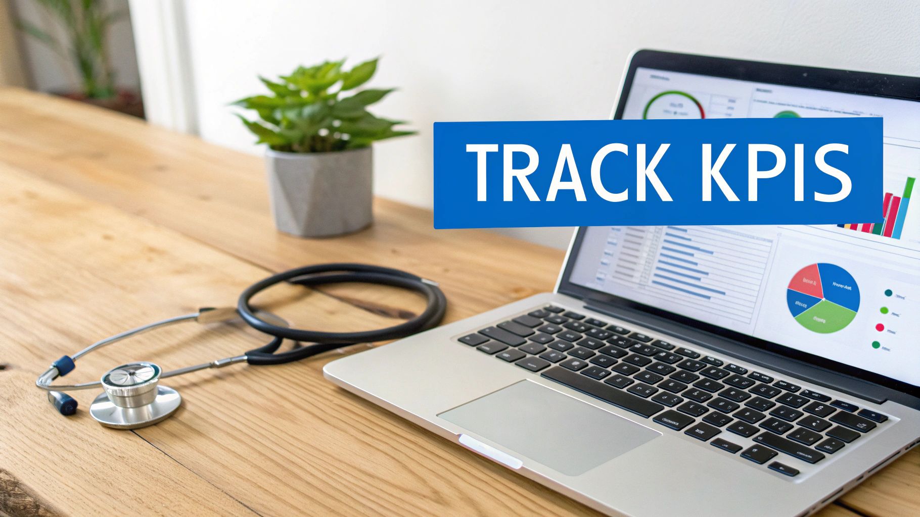 A stethoscope and a laptop displaying data charts on a wooden desk with text 'TRACK KPIS'.