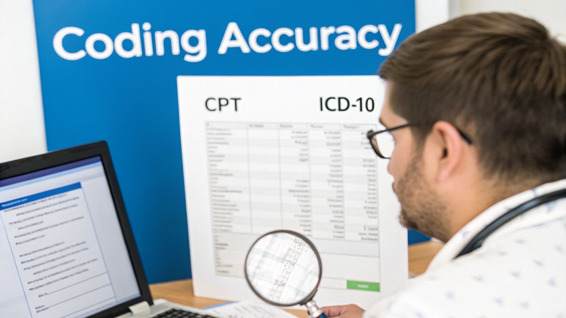 A man reviews medical coding documents with a magnifying glass, focusing on CPT and ICD-10 for accuracy.