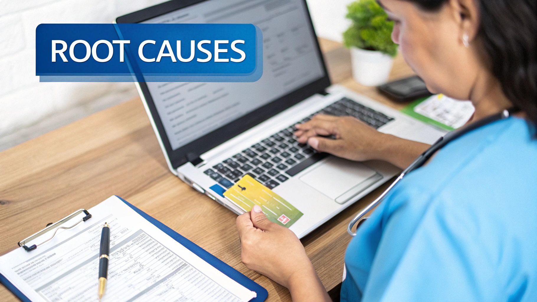 A medical professional in scrubs uses a laptop and holds a card, with 'ROOT CAUSES' banner.