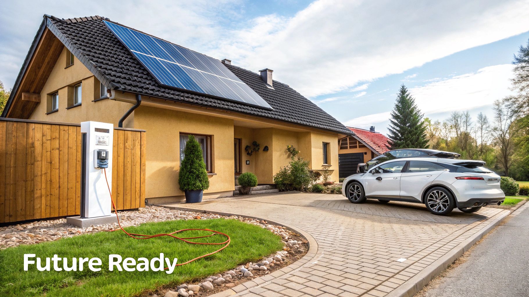 A modern home with solar panels, an EV charger, and other smart technologies.