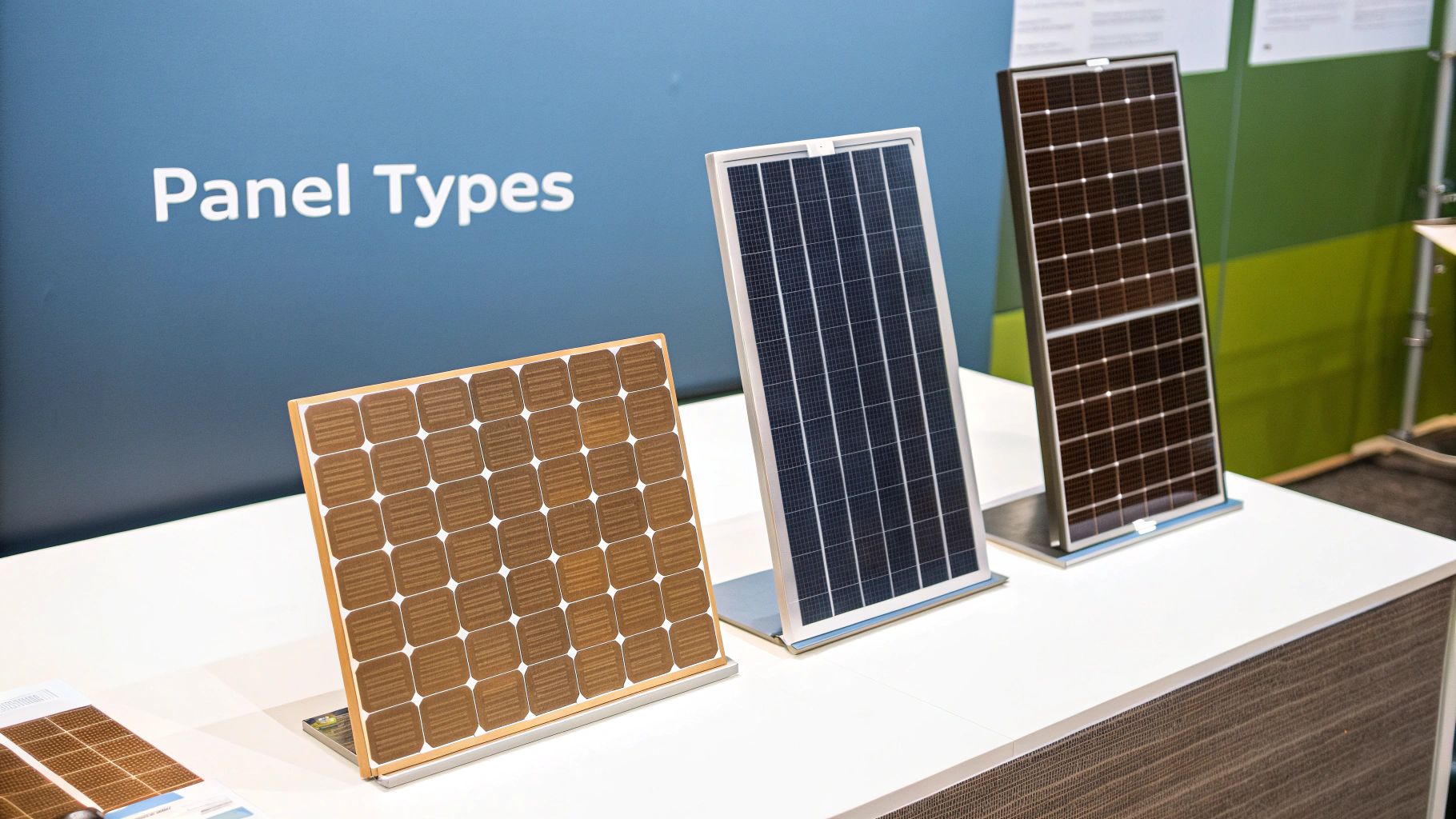 A close-up of different types of solar cells, showing their distinct patterns and colors