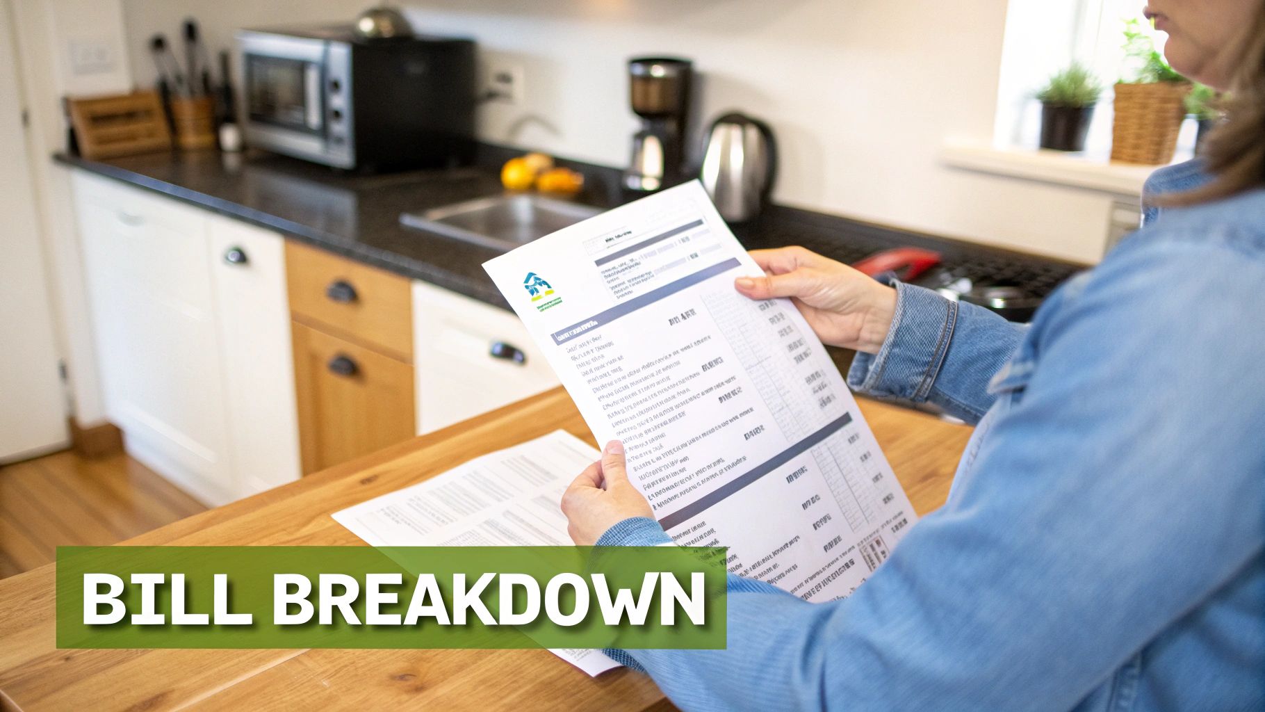 An electricity bill being reviewed with a calculator and pen nearby.