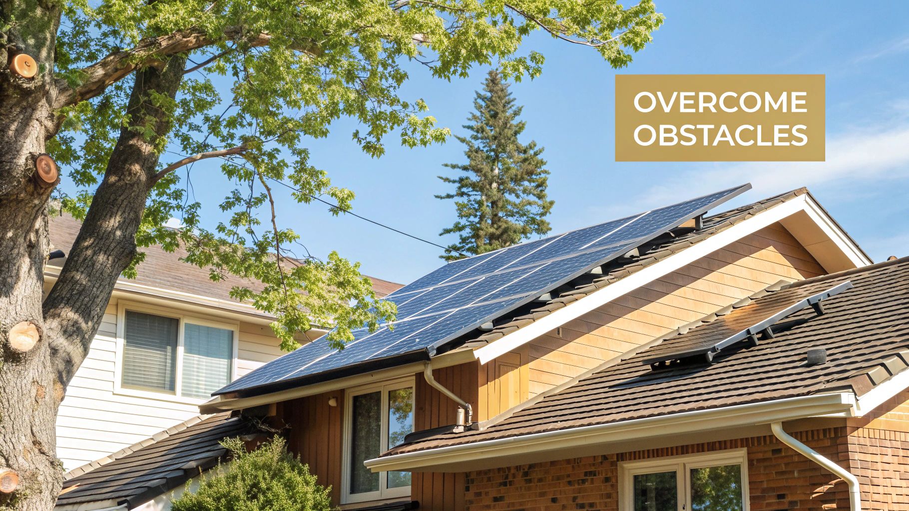 A professional installer assesses a residential roof with trees nearby, planning for solar panel placement.