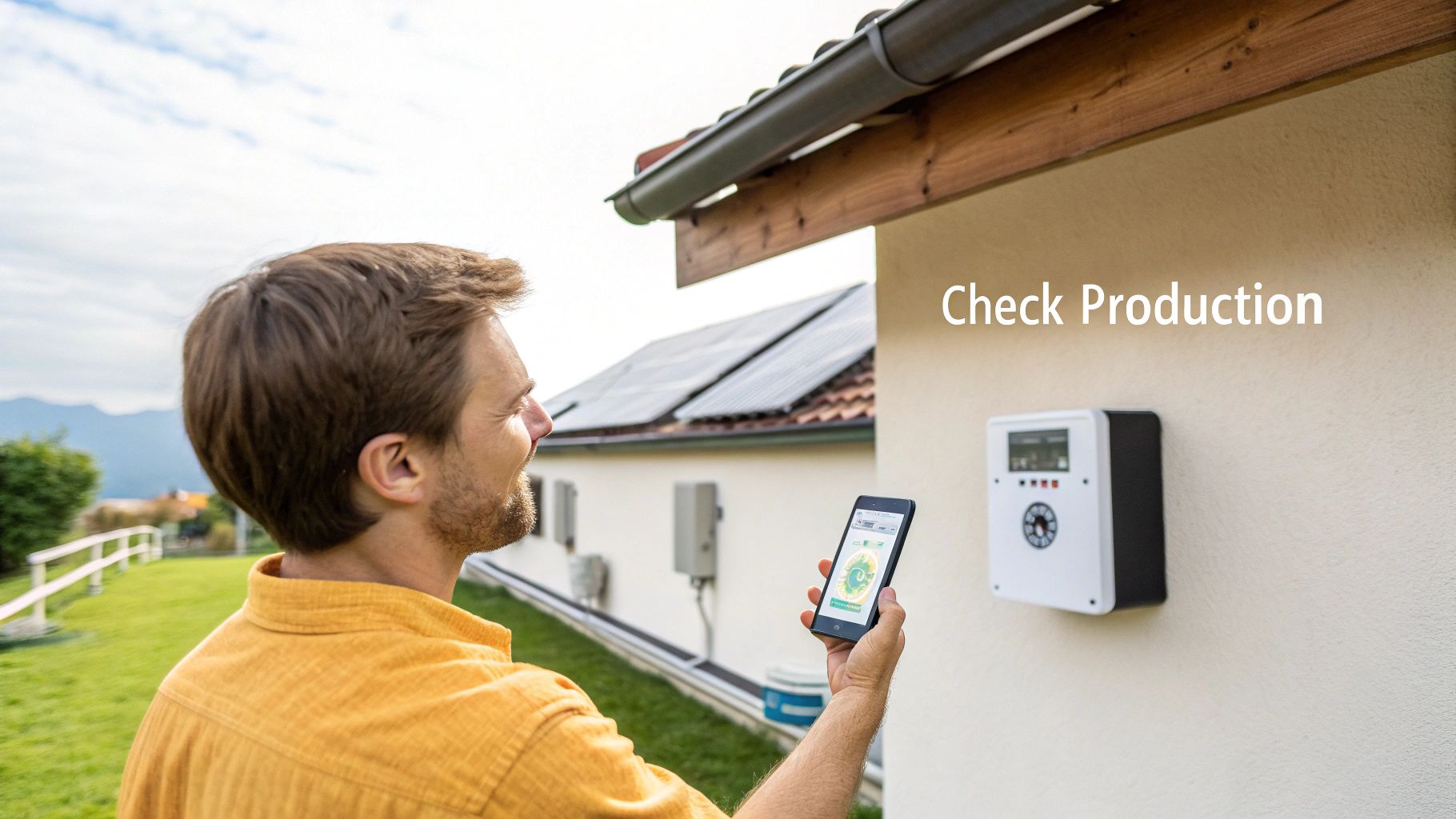 Woman checking solar panel monitoring app on her phone with solar panels in the background