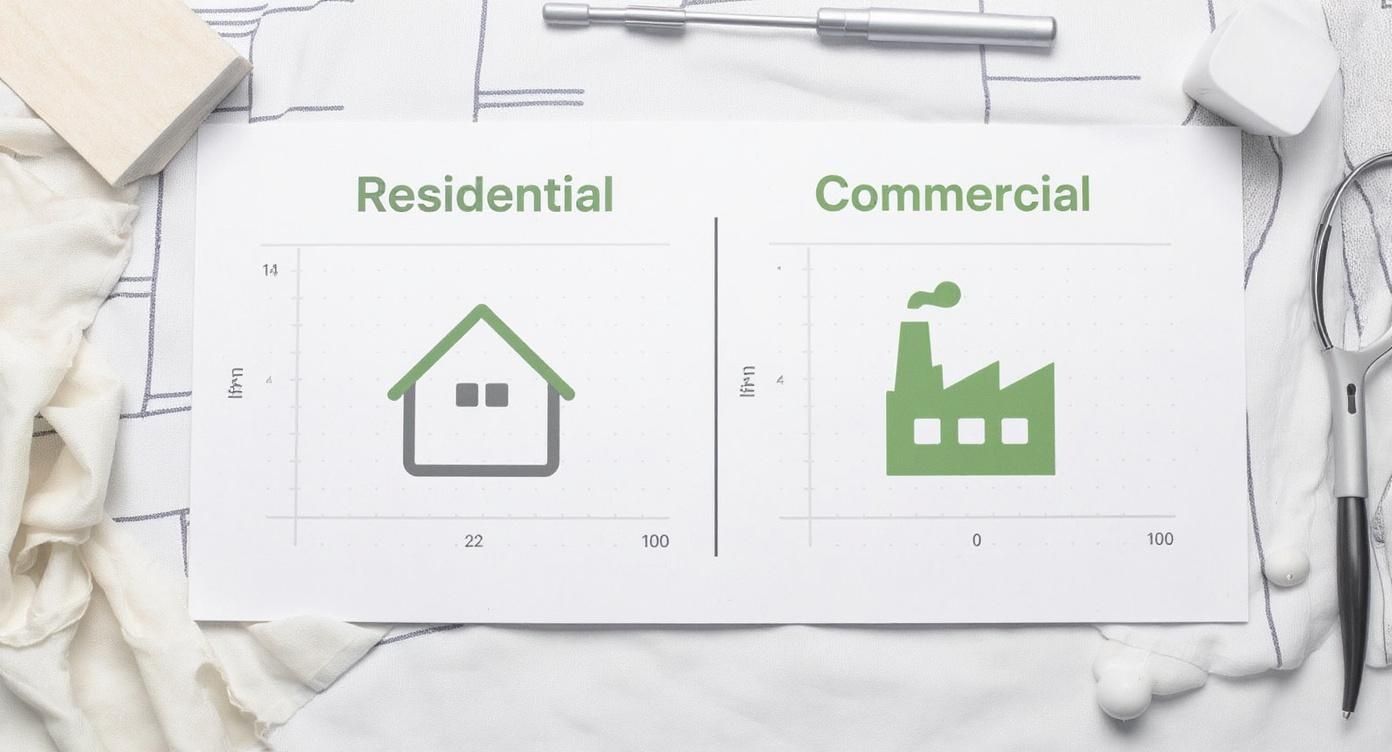 Infographic comparing the typical use cases for residential solar panels on a house versus commercial solar panels on a factory.