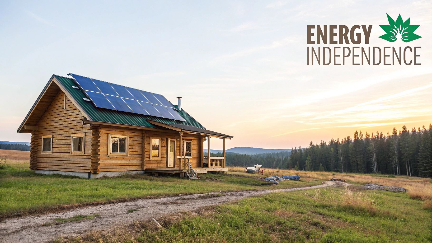 A modern off-grid home with a full array of solar panels on the roof, set against a backdrop of a clear blue sky.