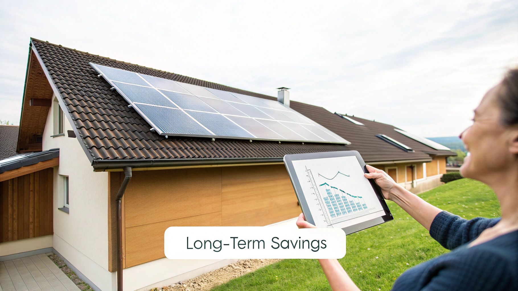 A line graph comparing 'Projected 25-Year Utility Costs' vs. 'Projected Costs with Solar,' showing the widening savings gap over time.