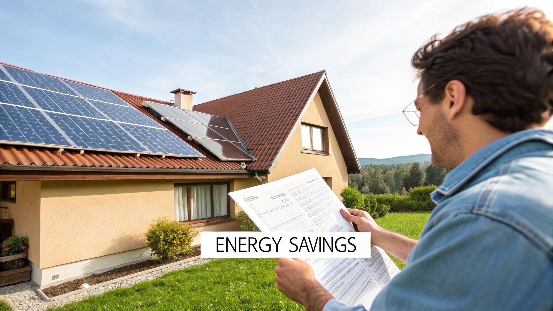 A calculator and a small model of a house with solar panels, symbolizing savings