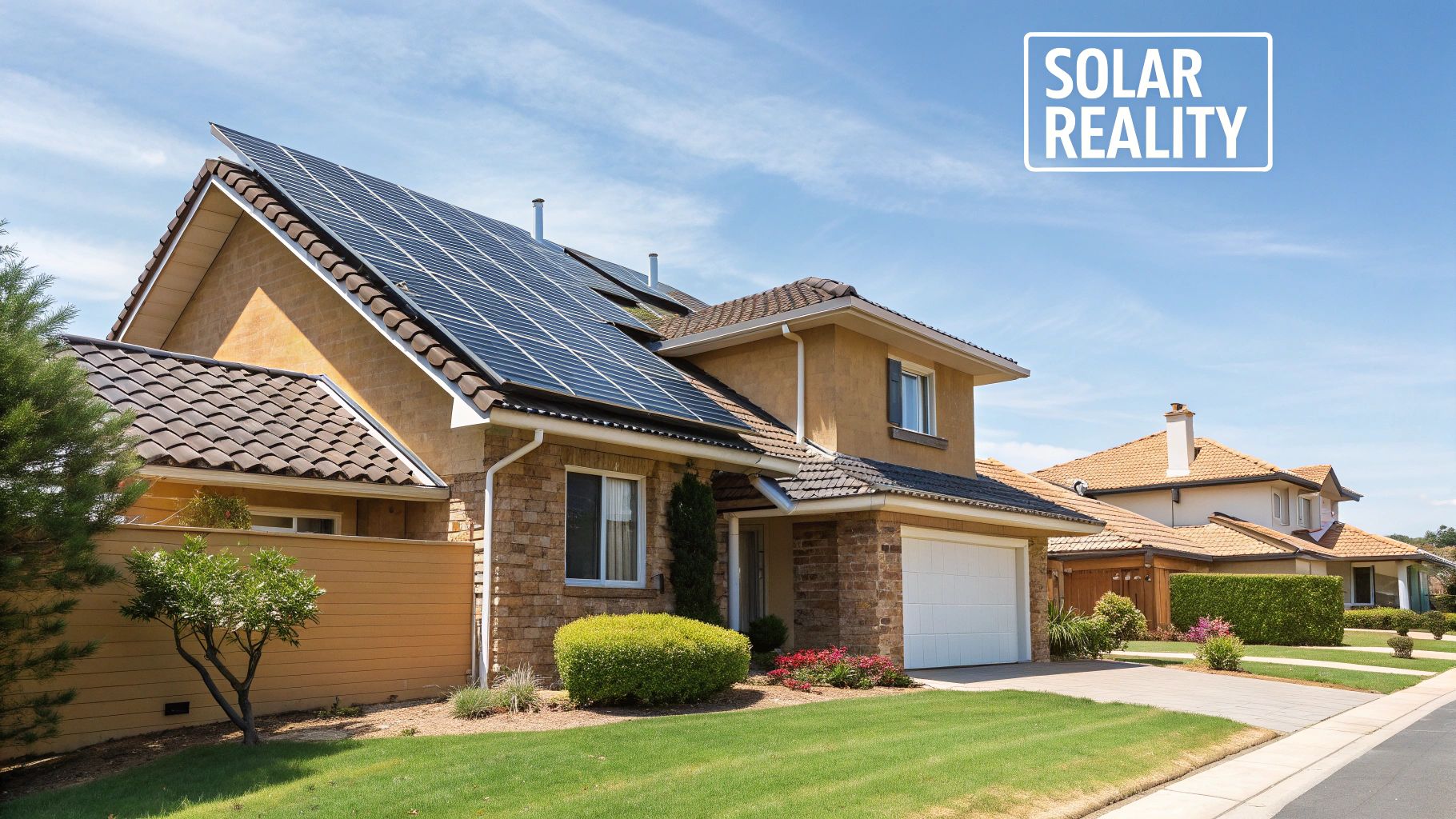 A modern home with solar panels installed on a sunny day.