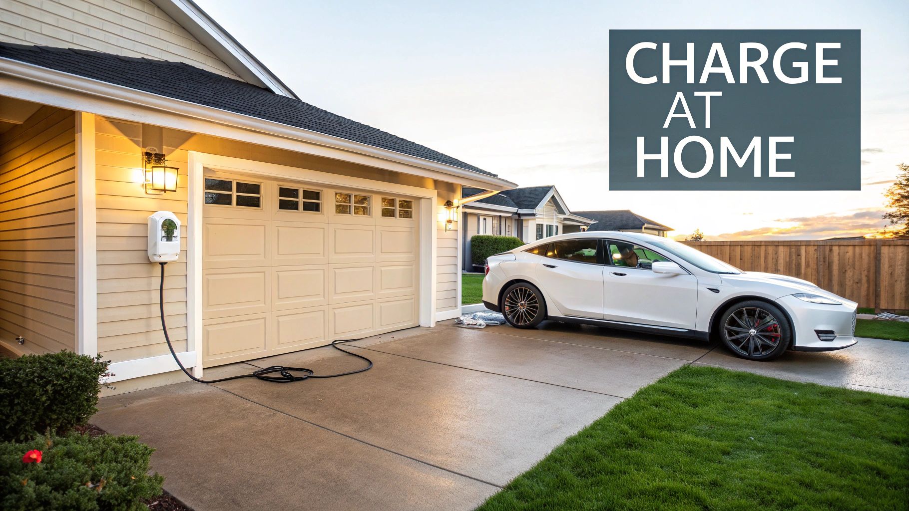 A Tesla vehicle plugged into a home wall charger in a modern garage.