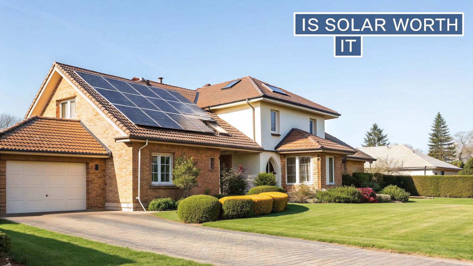 A modern home with solar panels installed on a sunny day.