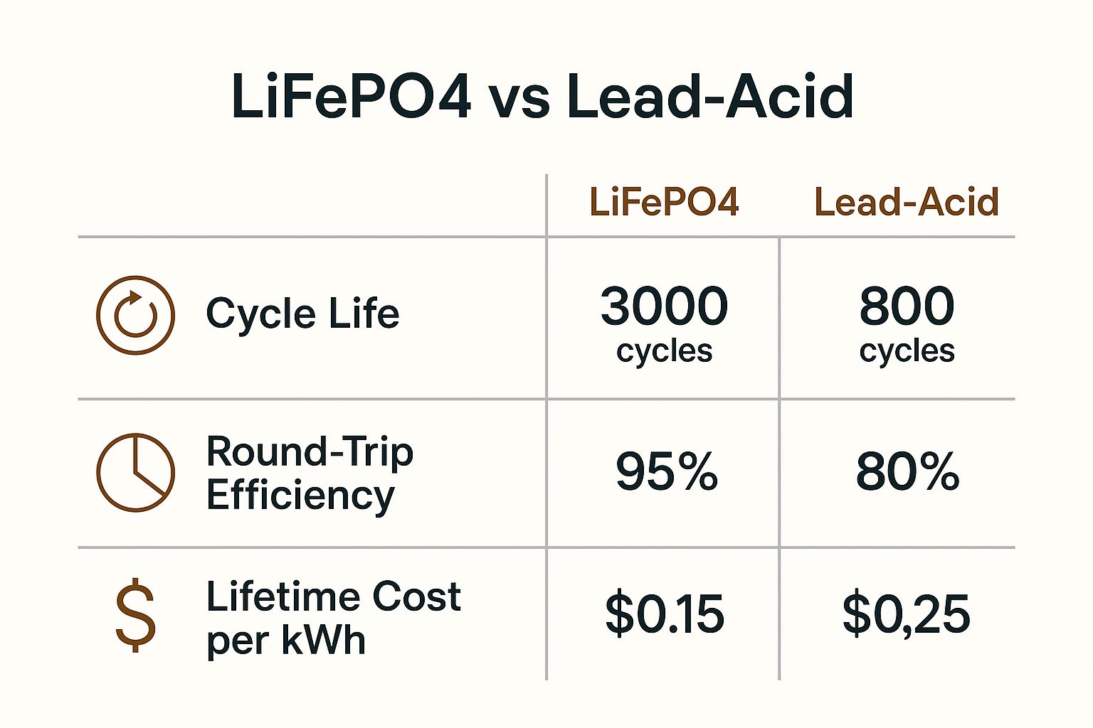 Infographic comparing key metrics of LiFePO4 and Lead-Acid batteries, showing cycle life, efficiency, and lifetime cost.