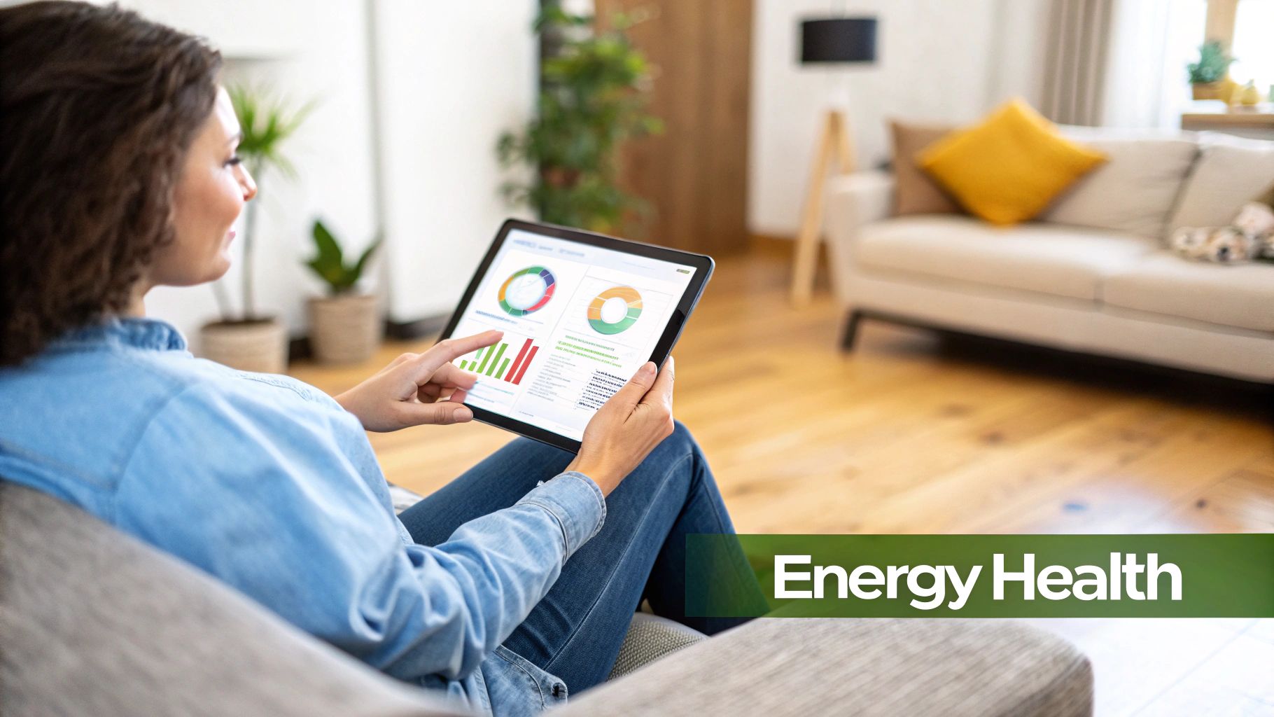 A smart home dashboard showing energy usage on a tablet, with icons for different appliances and a graph indicating consumption patterns.