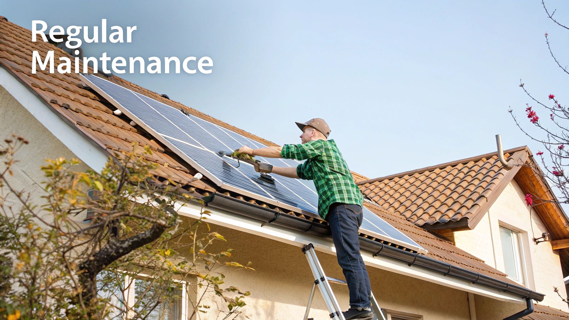 A worker cleaning a rooftop solar panel with a squeegee and water