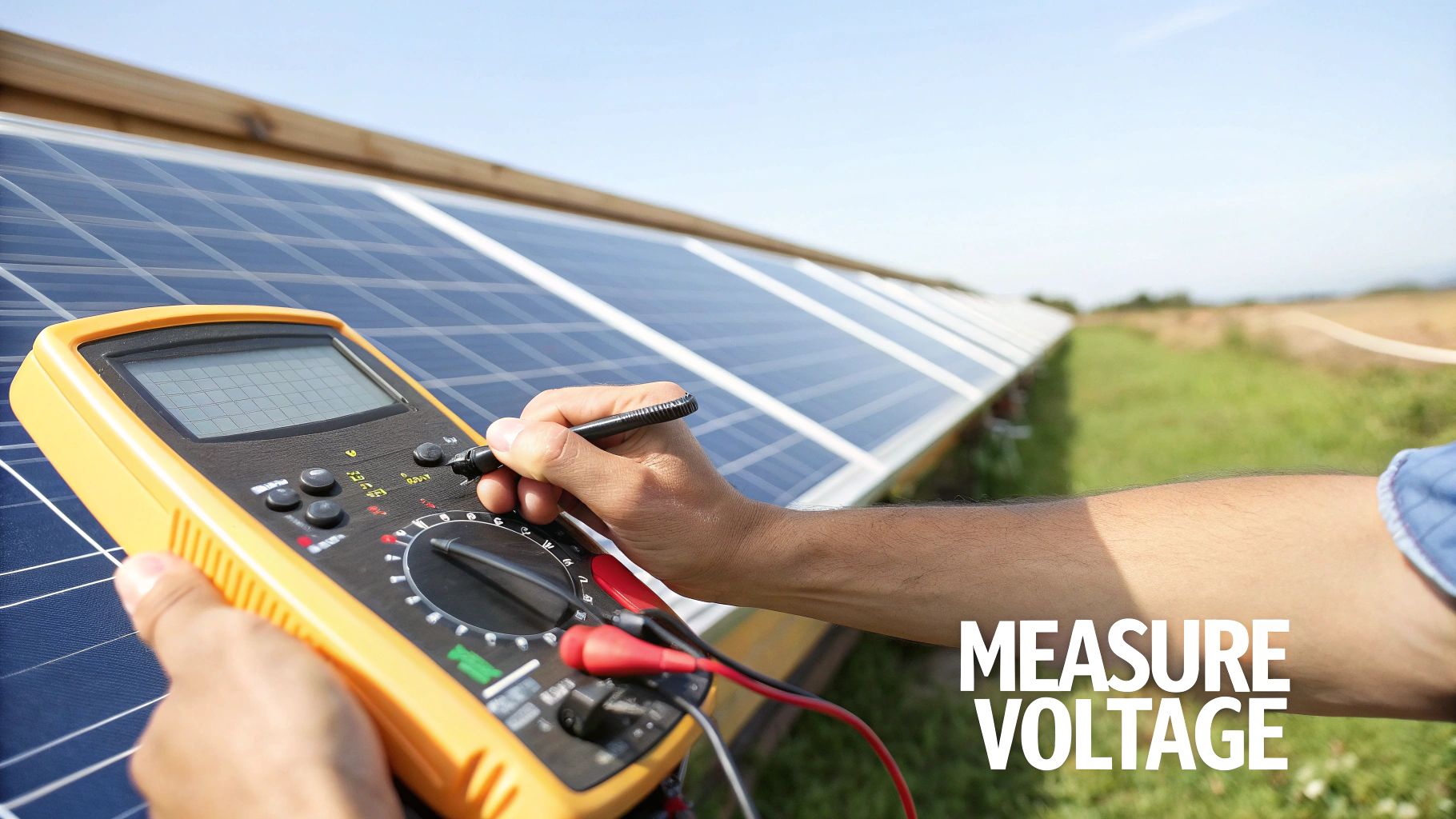 Technician using a multimeter to test a solar panel's voltage