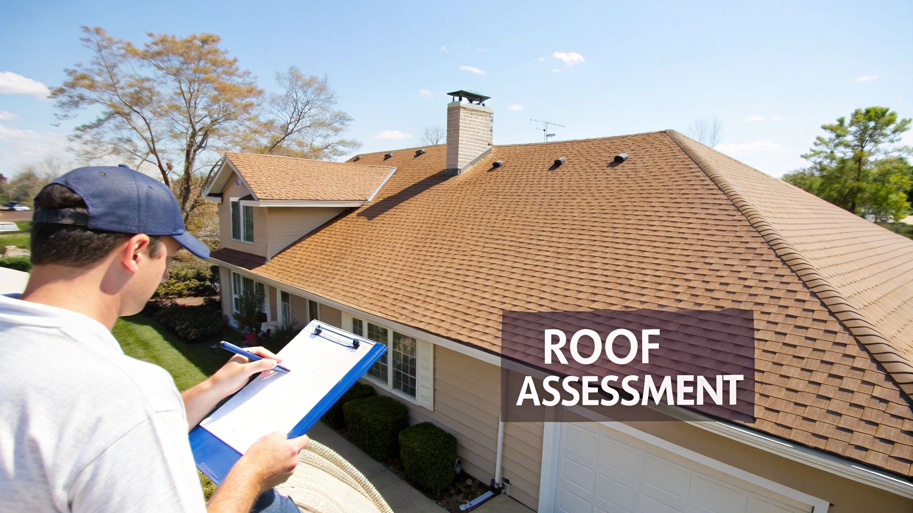 A homeowner and an installer inspecting solar panels on a residential roof.