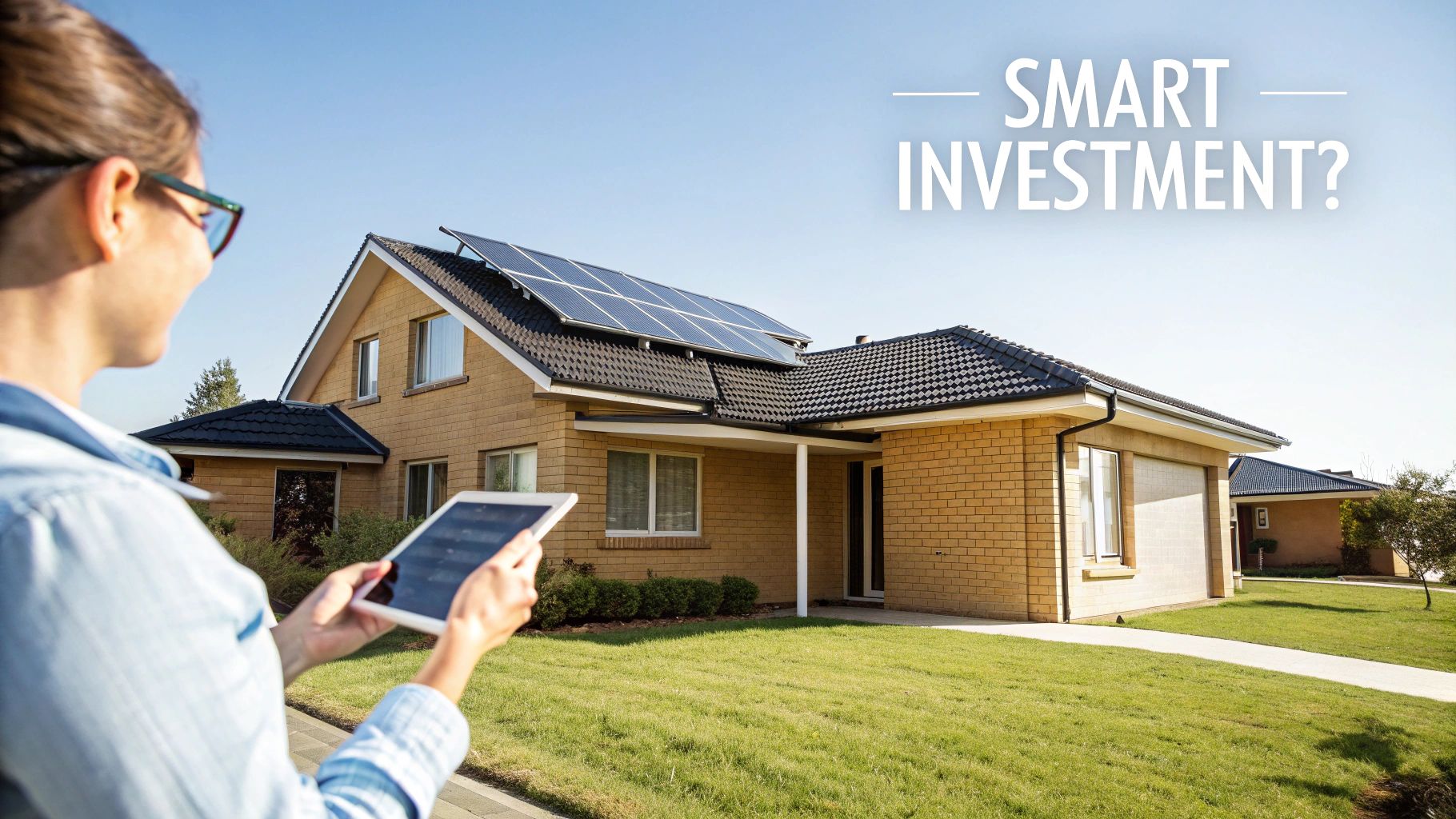 A modern home with solar panels installed on a sunny day, showcasing a smart energy investment.