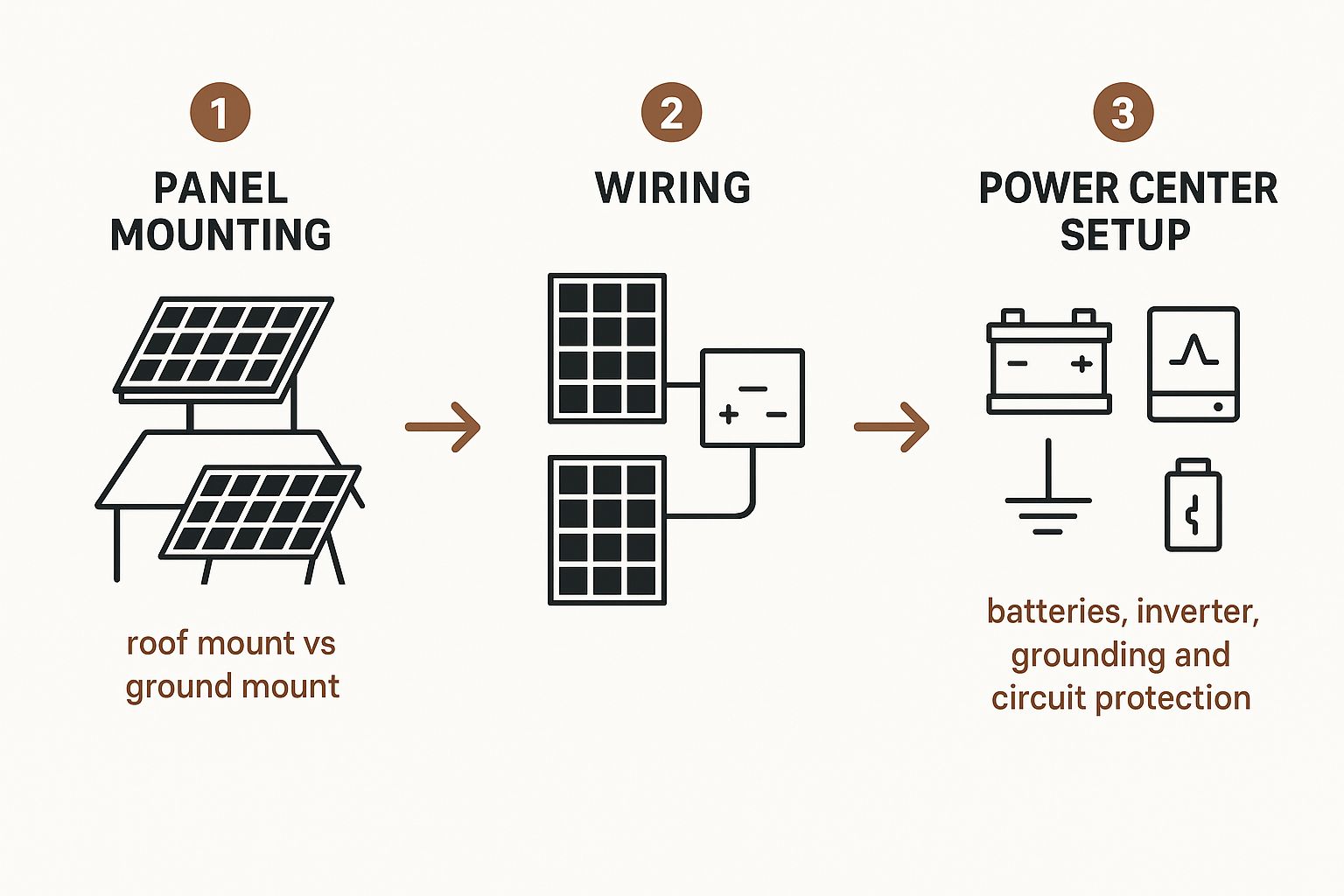 An infographic showing a three-step process flow for assembling an off-grid solar system panel mounting, wiring, and power center setup.