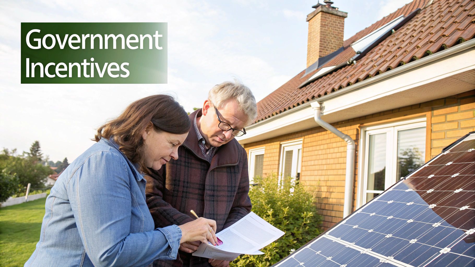 A person signing financing documents with a solar panel model on the desk.
