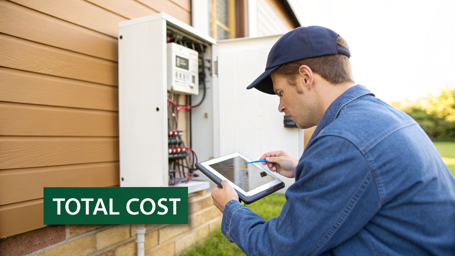 A certified electrician is shown installing a home battery backup system on a garage wall, highlighting the professional installation process.