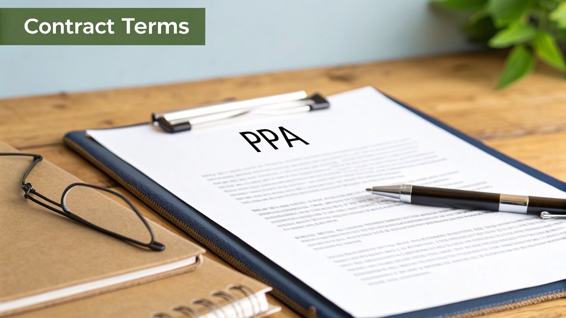 A person reviewing a contract with a solar panel in the background.