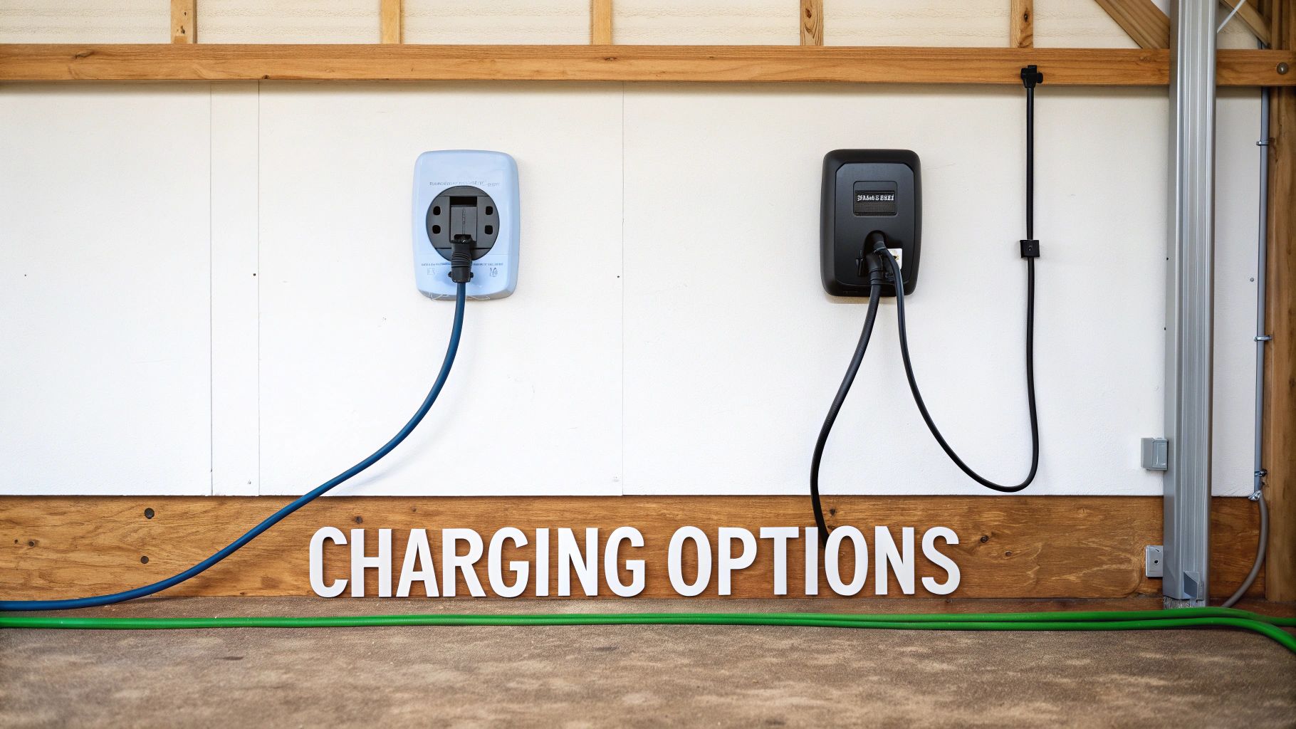 A Tesla home charging station neatly installed on a garage wall.
