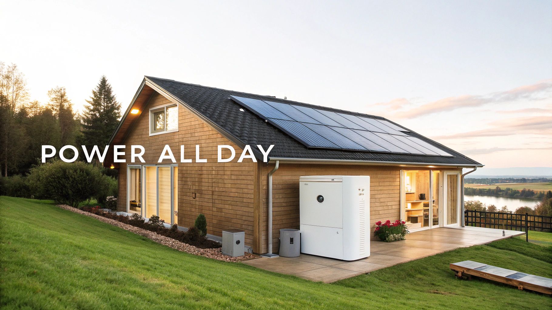 A modern home with solar panels on the roof and a visible battery storage unit, set against a sunset.